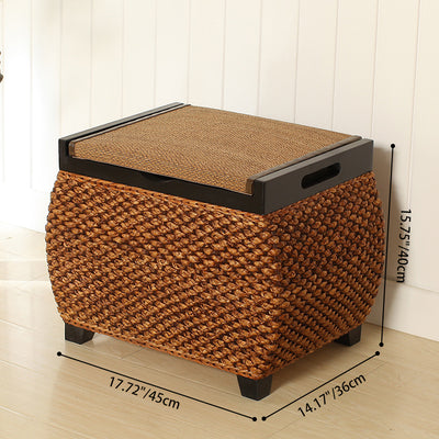 Traditional Chinese Square Pine Solid Wood Plywood Narcissus Vine Storage Low Stool 1-Cabinet For Bedroom