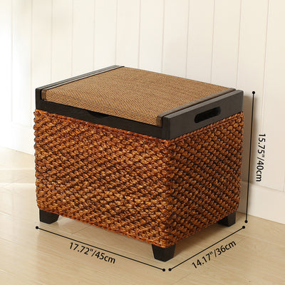 Traditional Chinese Square Pine Solid Wood Plywood Narcissus Vine Storage Low Stool 1-Cabinet For Bedroom