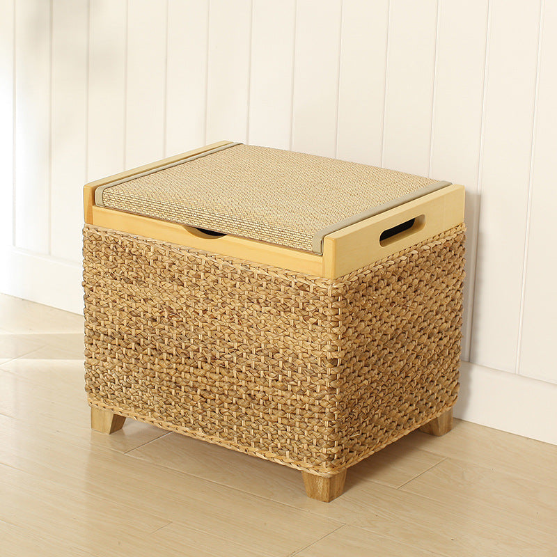 Traditional Chinese Square Pine Solid Wood Plywood Narcissus Vine Storage Low Stool 1-Cabinet For Bedroom