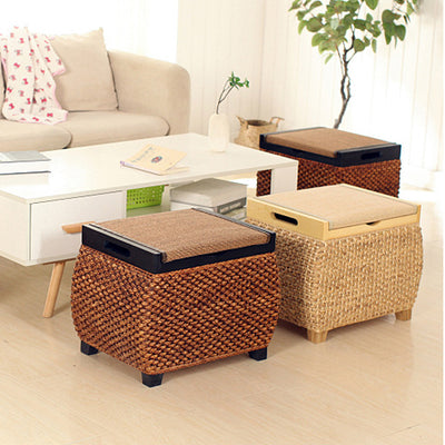 Traditional Chinese Square Pine Solid Wood Plywood Narcissus Vine Storage Low Stool 1-Cabinet For Bedroom