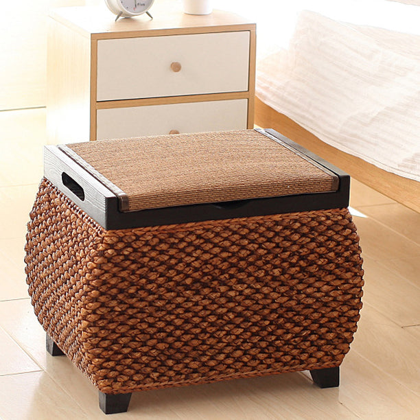 Traditional Chinese Square Pine Solid Wood Plywood Narcissus Vine Storage Low Stool 1-Cabinet For Bedroom