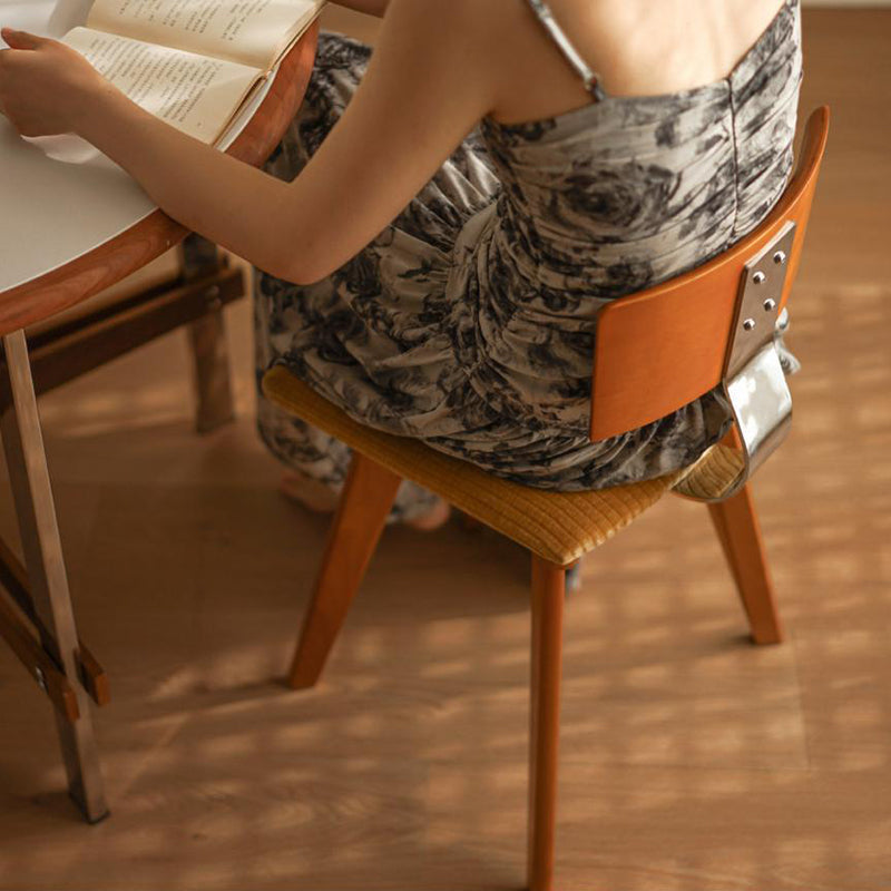 Modern Mid-Century Square Rubberwood Solid Wood Corduroy Backrest Dining Chair For Dining Room