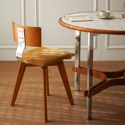 Modern Mid-Century Square Rubberwood Solid Wood Corduroy Backrest Dining Chair For Dining Room