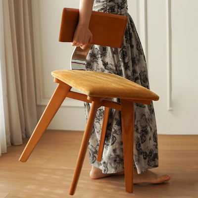 Modern Mid-Century Square Rubberwood Solid Wood Corduroy Backrest Dining Chair For Dining Room