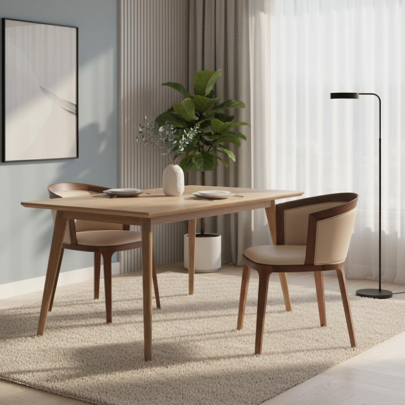 Chaise de salle à manger traditionnelle vintage ronde en chêne massif avec dossier en cuir PU pour salle à manger 