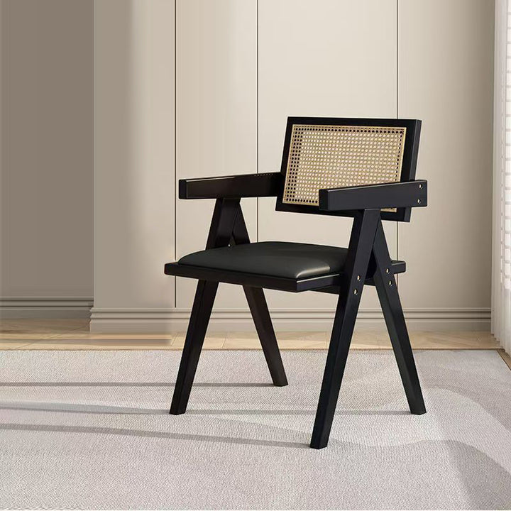 Traditional Vintage Square Teak Wood Plywood Rattan PU Leather Backrest Armrest Dining Chair For Dining Room