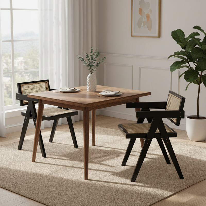 Traditioneller quadratischer Vintage-Esszimmerstuhl aus Teakholz, Sperrholz, Rattan und PU-Leder mit Rückenlehne und Armlehnen für das Esszimmer 