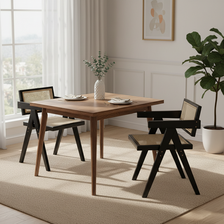Traditional Vintage Square Teak Wood Plywood Rattan PU Leather Backrest Armrest Dining Chair For Dining Room