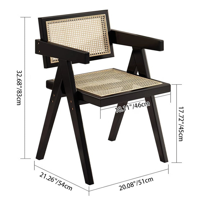 Traditional Vintage Square Teak Wood Plywood Rattan PU Leather Backrest Armrest Dining Chair For Dining Room
