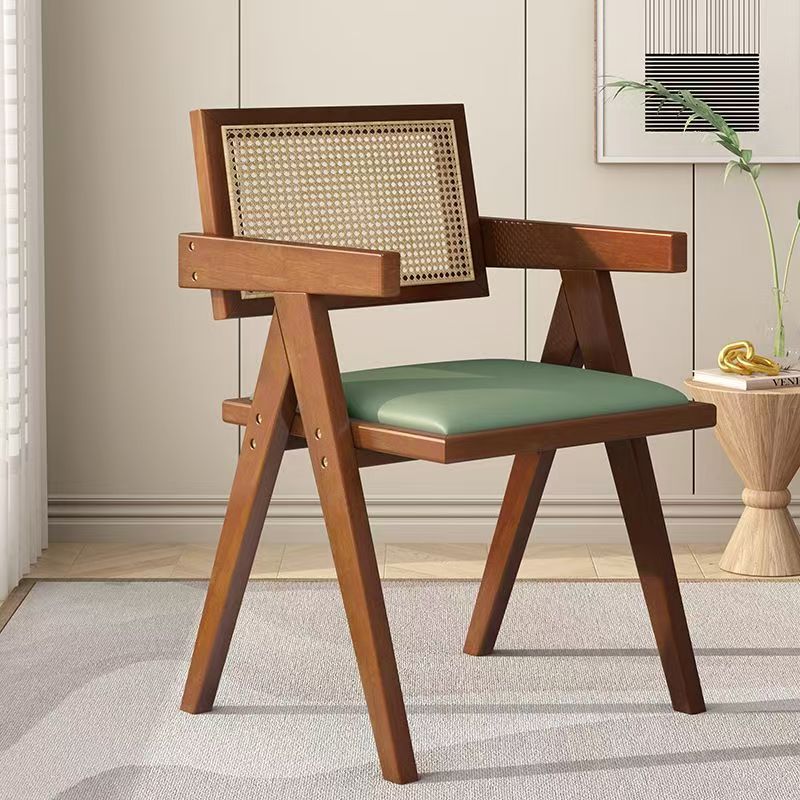 Traditioneller quadratischer Vintage-Esszimmerstuhl aus Teakholz, Sperrholz, Rattan und PU-Leder mit Rückenlehne und Armlehnen für das Esszimmer 