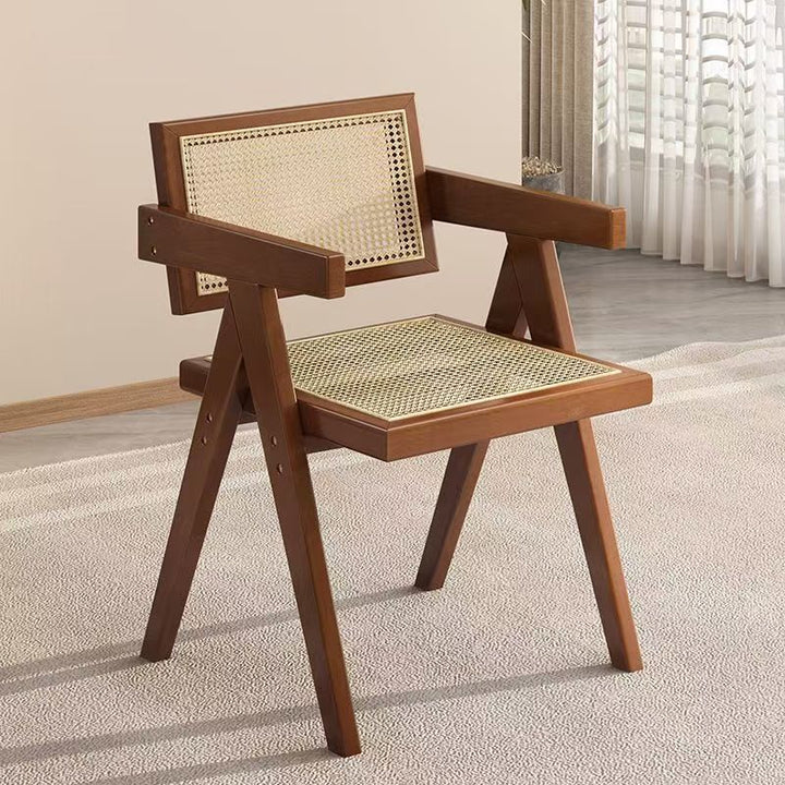 Traditioneller quadratischer Vintage-Esszimmerstuhl aus Teakholz, Sperrholz, Rattan und PU-Leder mit Rückenlehne und Armlehnen für das Esszimmer 