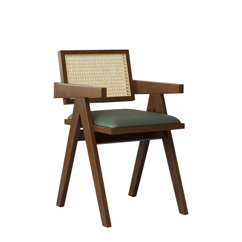 Traditioneller quadratischer Vintage-Esszimmerstuhl aus Teakholz, Sperrholz, Rattan und PU-Leder mit Rückenlehne und Armlehnen für das Esszimmer 
