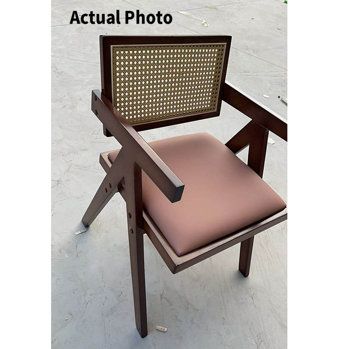 Traditioneller quadratischer Vintage-Esszimmerstuhl aus Teakholz, Sperrholz, Rattan und PU-Leder mit Rückenlehne und Armlehnen für das Esszimmer 