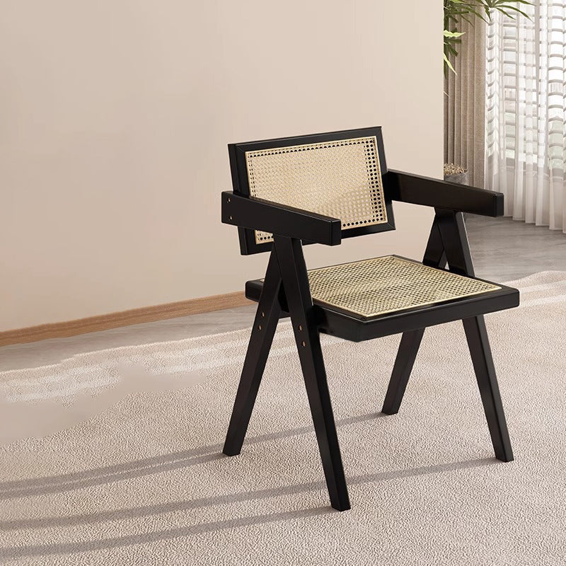 Traditioneller quadratischer Vintage-Esszimmerstuhl aus Teakholz, Sperrholz, Rattan und PU-Leder mit Rückenlehne und Armlehnen für das Esszimmer 