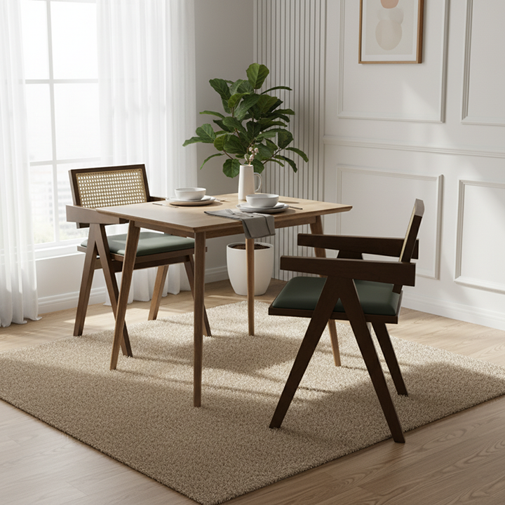 Traditioneller quadratischer Vintage-Esszimmerstuhl aus Teakholz, Sperrholz, Rattan und PU-Leder mit Rückenlehne und Armlehnen für das Esszimmer 