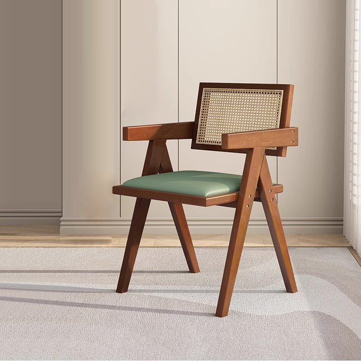 Traditional Vintage Square Teak Wood Plywood Rattan PU Leather Backrest Armrest Dining Chair For Dining Room
