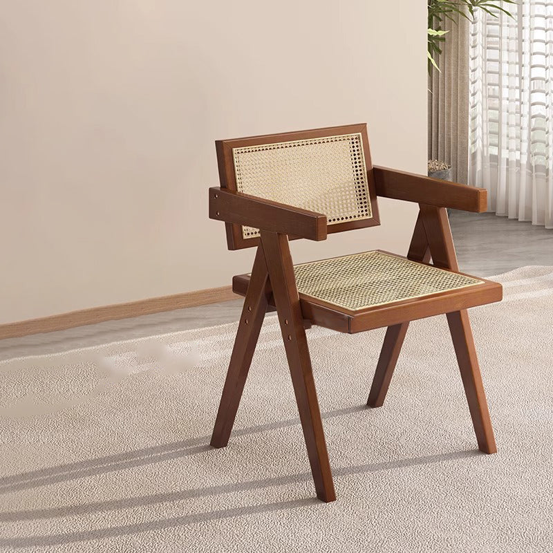 Traditioneller quadratischer Vintage-Esszimmerstuhl aus Teakholz, Sperrholz, Rattan und PU-Leder mit Rückenlehne und Armlehnen für das Esszimmer 