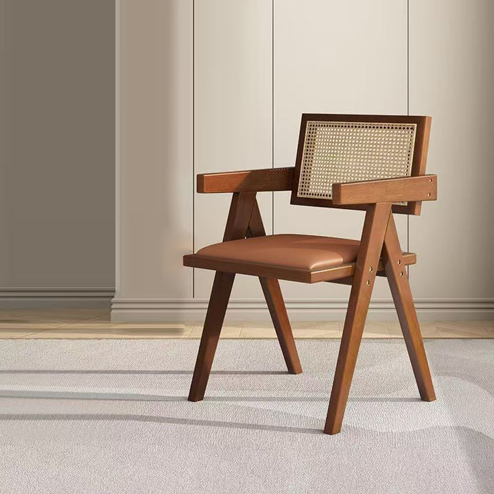 Traditioneller quadratischer Vintage-Esszimmerstuhl aus Teakholz, Sperrholz, Rattan und PU-Leder mit Rückenlehne und Armlehnen für das Esszimmer 