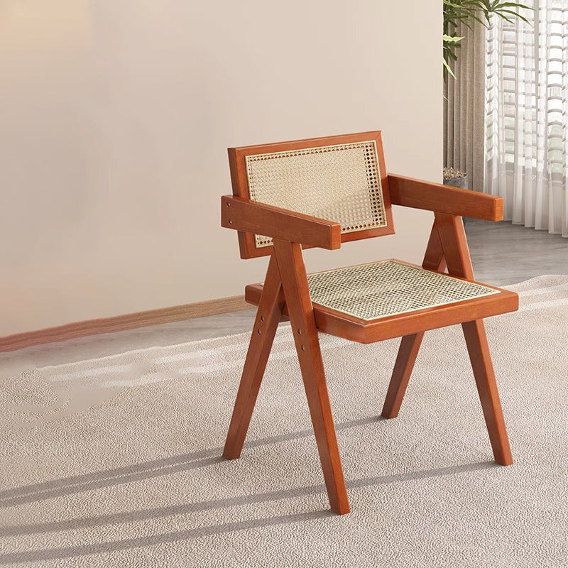 Traditioneller quadratischer Vintage-Esszimmerstuhl aus Teakholz, Sperrholz, Rattan und PU-Leder mit Rückenlehne und Armlehnen für das Esszimmer 