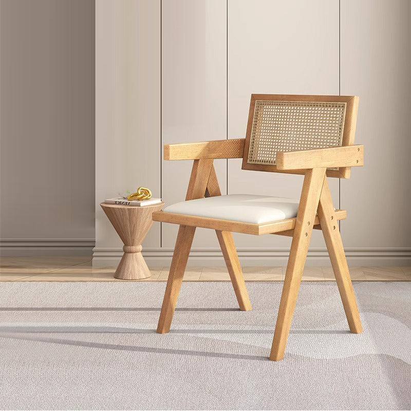 Traditioneller quadratischer Vintage-Esszimmerstuhl aus Teakholz, Sperrholz, Rattan und PU-Leder mit Rückenlehne und Armlehnen für das Esszimmer 