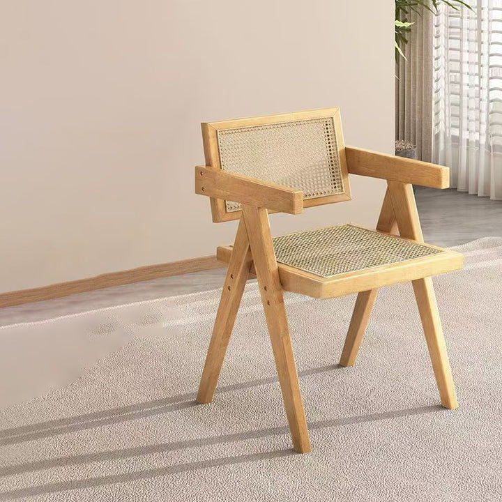 Traditioneller quadratischer Vintage-Esszimmerstuhl aus Teakholz, Sperrholz, Rattan und PU-Leder mit Rückenlehne und Armlehnen für das Esszimmer 