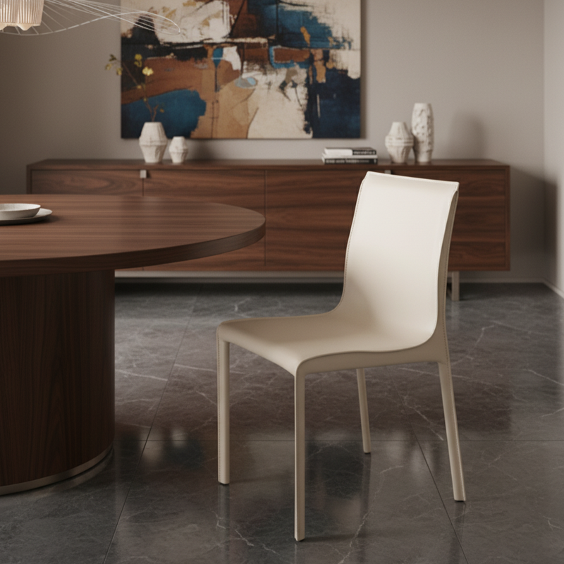 Modern Minimalist Square Saddle Leather Multi-Layer Solid Wood Panel Carbon Steel Backrest Dining Chair For Dining Room