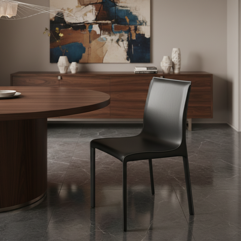 Modern Minimalist Square Saddle Leather Multi-Layer Solid Wood Panel Carbon Steel Backrest Dining Chair For Dining Room