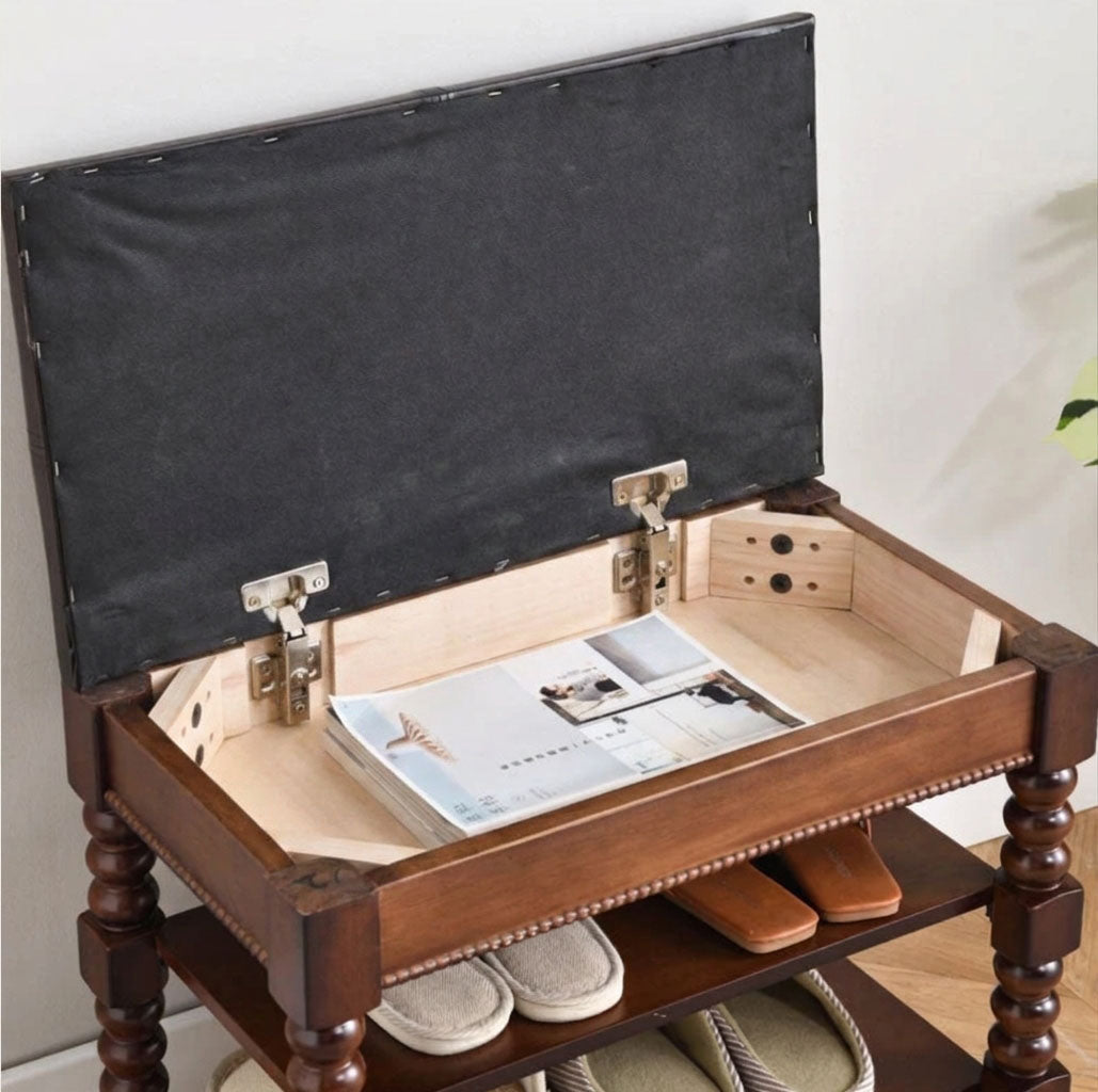 Taburete de tocador sin respaldo ni brazos, de madera de caucho y cuero PU, rectangular, estilo tradicional europeo, para sala de estar 