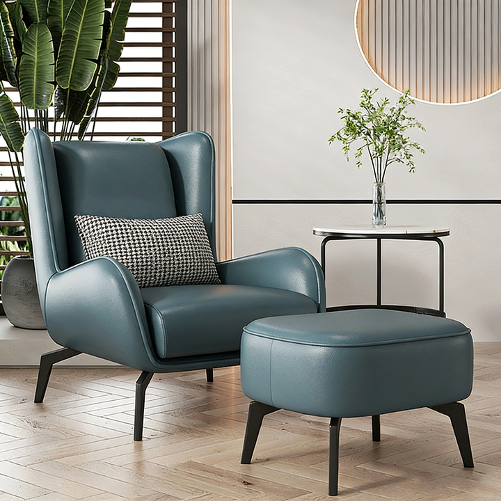 Chaise d'appoint contemporaine scandinave en similicuir Nappa avec revêtement, dossier ailé et accoudoirs évasés pour salon 