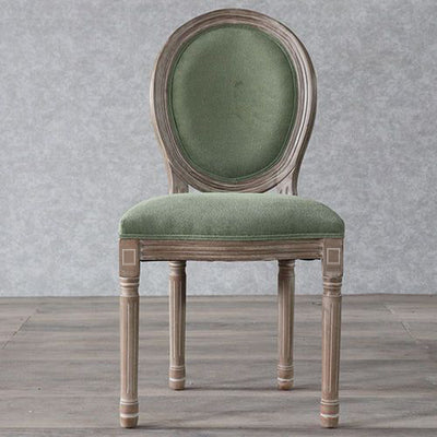 Chaise de salle à manger en tissu de velours avec cadre en bois incurvé européen traditionnel et vieilli, dossier rond pour salle à manger 