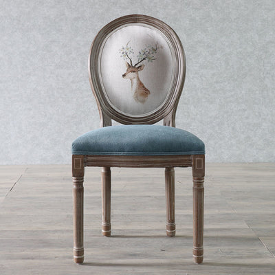 Chaise de salle à manger en tissu de velours avec cadre en bois incurvé européen traditionnel et vieilli, dossier rond pour salle à manger 