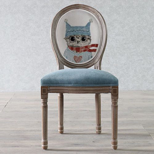 Chaise de salle à manger en tissu de velours avec cadre en bois incurvé européen traditionnel et vieilli, dossier rond pour salle à manger 