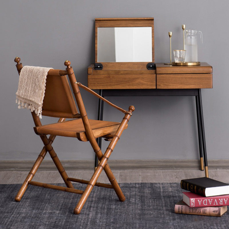 Traditional Vintage Saddle Leather Wooden Square Foldable Armchair Backrest For Living Room