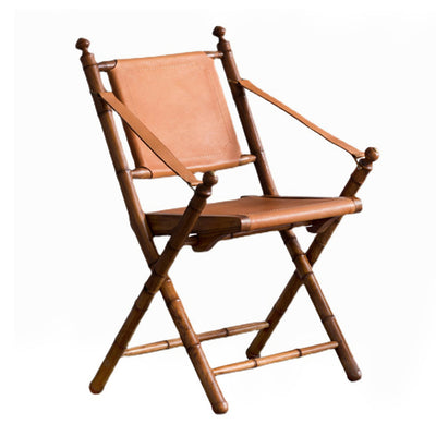 Traditional Vintage Saddle Leather Wooden Square Foldable Armchair Backrest For Living Room
