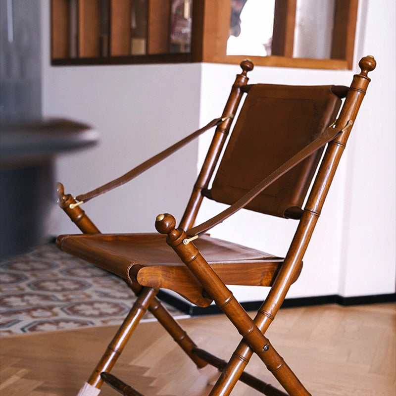 Traditional Vintage Saddle Leather Wooden Square Foldable Armchair Backrest For Living Room