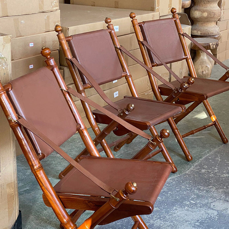 Traditional Vintage Saddle Leather Wooden Square Foldable Armchair Backrest For Living Room