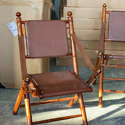 Traditional Vintage Saddle Leather Wooden Square Foldable Armchair Backrest For Living Room
