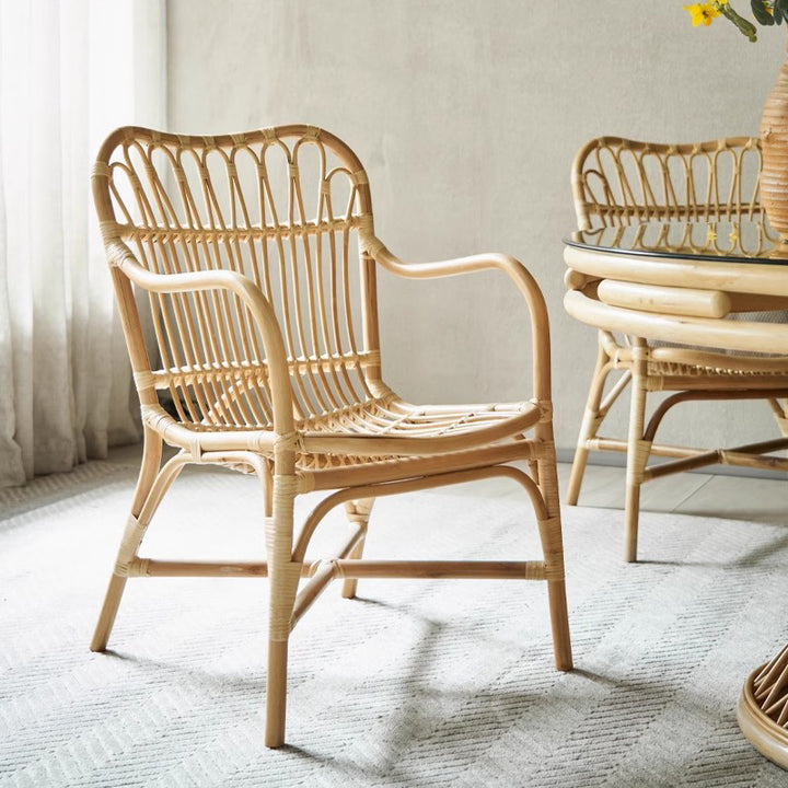 Chaise de salle à manger moderne minimaliste en rotin véritable avec dossier courbé et accoudoirs pour salon 
