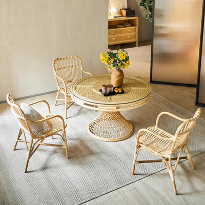 Modern Minimalist Genuine Rattan Curved Dining Chair Backrest Armrest For Living Room
