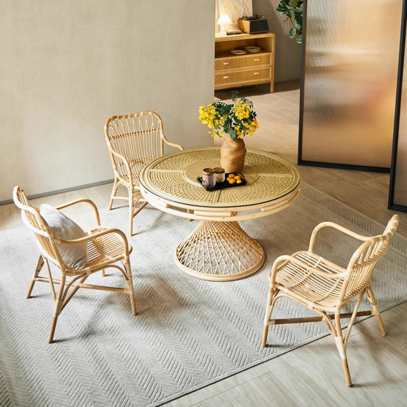 Modern Minimalist Genuine Rattan Curved Dining Chair Backrest Armrest For Living Room