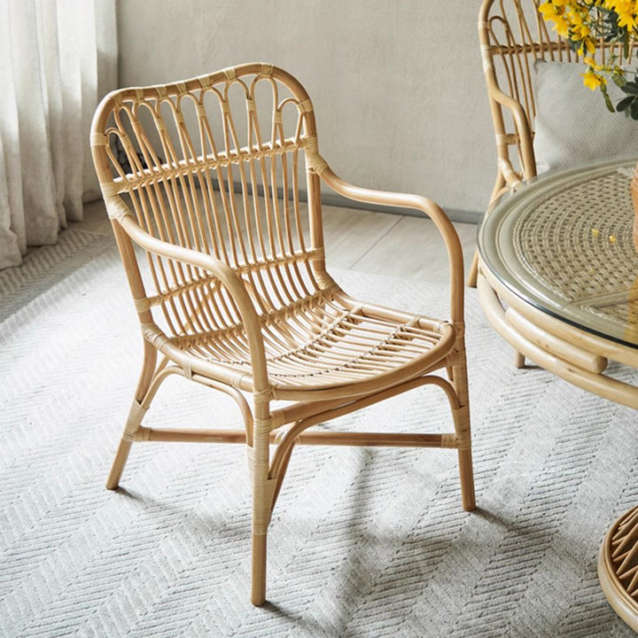Chaise de salle à manger moderne minimaliste en rotin véritable avec dossier courbé et accoudoirs pour salon 