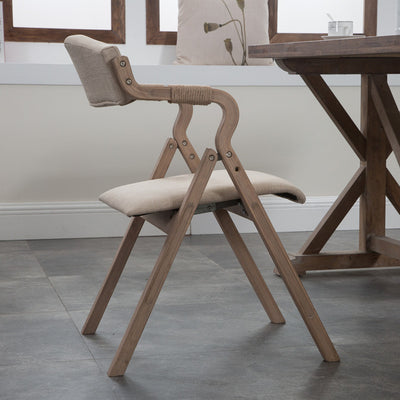 Modern Minimalist Curved Wood Fabric Upholstered PU Leather Linen Dining Chair Foldable Backrest Armrest For Living Room