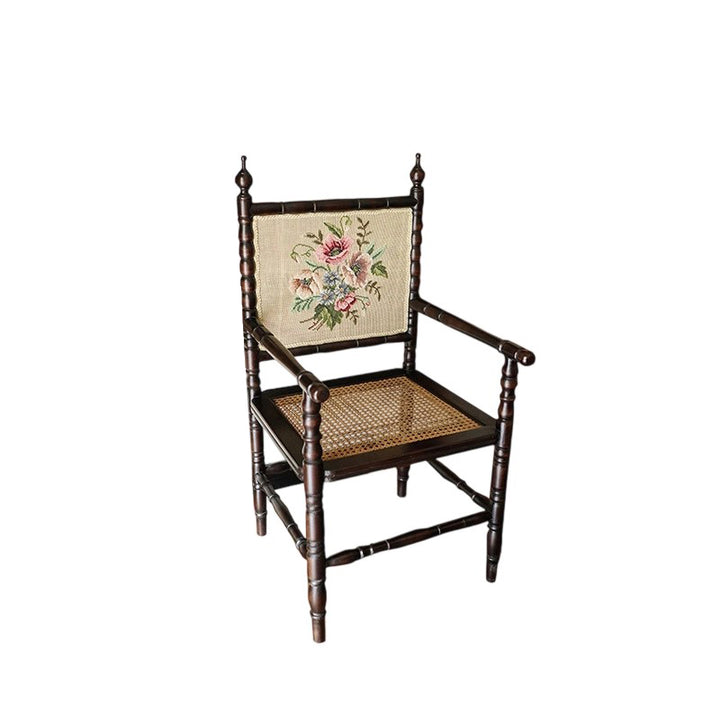 Traditioneller quadratischer Esszimmerstuhl aus Kautschukholz und Rattan im Vintage-Stil mit Rückenlehne und Armlehnen für das Esszimmer 