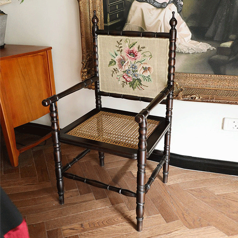 Traditional Vintage Solid Wood Rattan Square Dining Chair Backrest Armrest For Dining Room