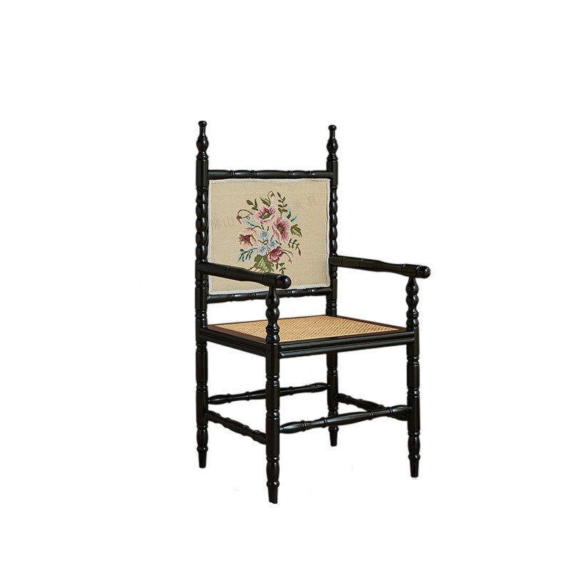 Traditioneller quadratischer Esszimmerstuhl aus Kautschukholz und Rattan im Vintage-Stil mit Rückenlehne und Armlehnen für das Esszimmer 