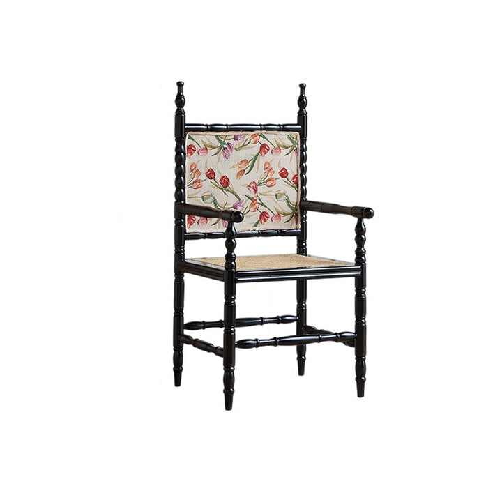 Traditioneller quadratischer Esszimmerstuhl aus Kautschukholz und Rattan im Vintage-Stil mit Rückenlehne und Armlehnen für das Esszimmer 