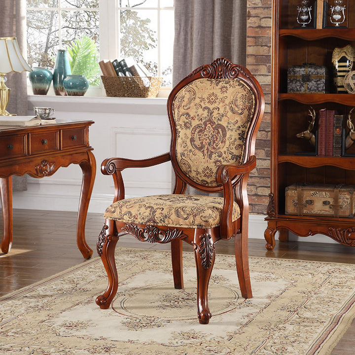 Chaise de salle à manger traditionnelle vintage en bois massif avec tissu chenille, dossier et accoudoirs rembourrés en éponge pour salle à manger 