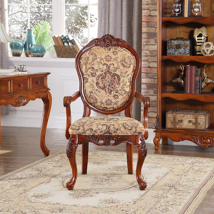 Chaise de salle à manger traditionnelle vintage en bois massif avec tissu chenille, dossier et accoudoirs rembourrés en éponge pour salle à manger 