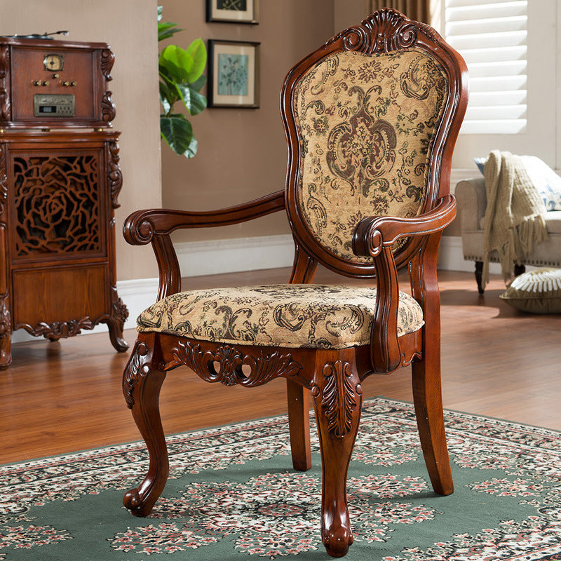 Chaise de salle à manger traditionnelle vintage en bois massif avec tissu chenille, dossier et accoudoirs rembourrés en éponge pour salle à manger 
