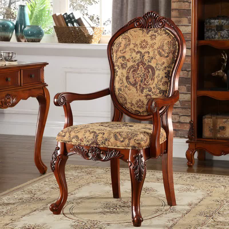 Chaise de salle à manger traditionnelle vintage en bois massif avec tissu chenille, dossier et accoudoirs rembourrés en éponge pour salle à manger 